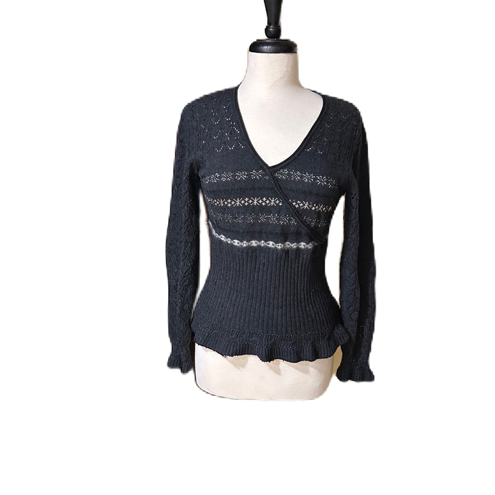 Sundance Wool Blend Lagenlook Boho Faux Wrap Sweater Medium Crochet Peplum